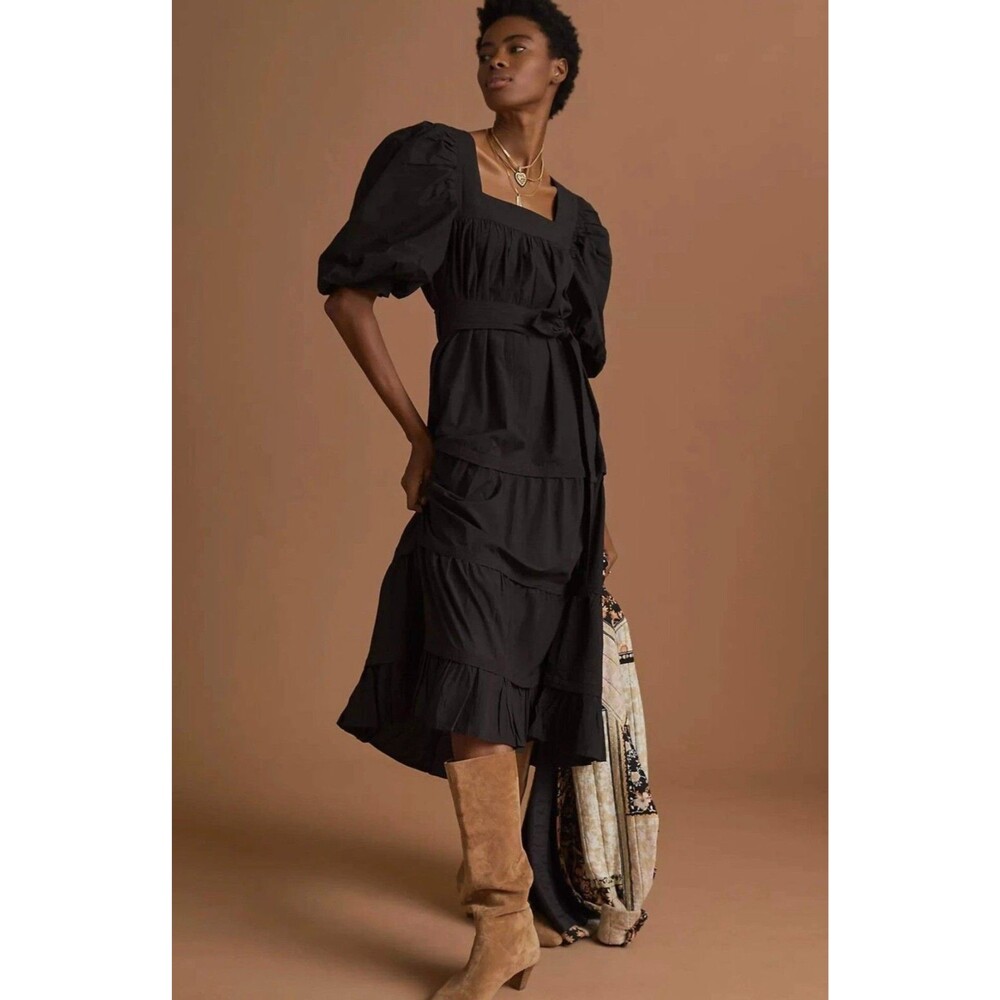 Love The Label Women Sz L Black Poplin  Puff-Sleeve Tiered Dress NWT Romance